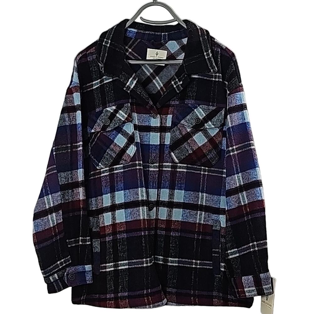 NWT Womens Sz M Shacket Blue and Red Plaid Pockets Wool Blend Jade and Ivory